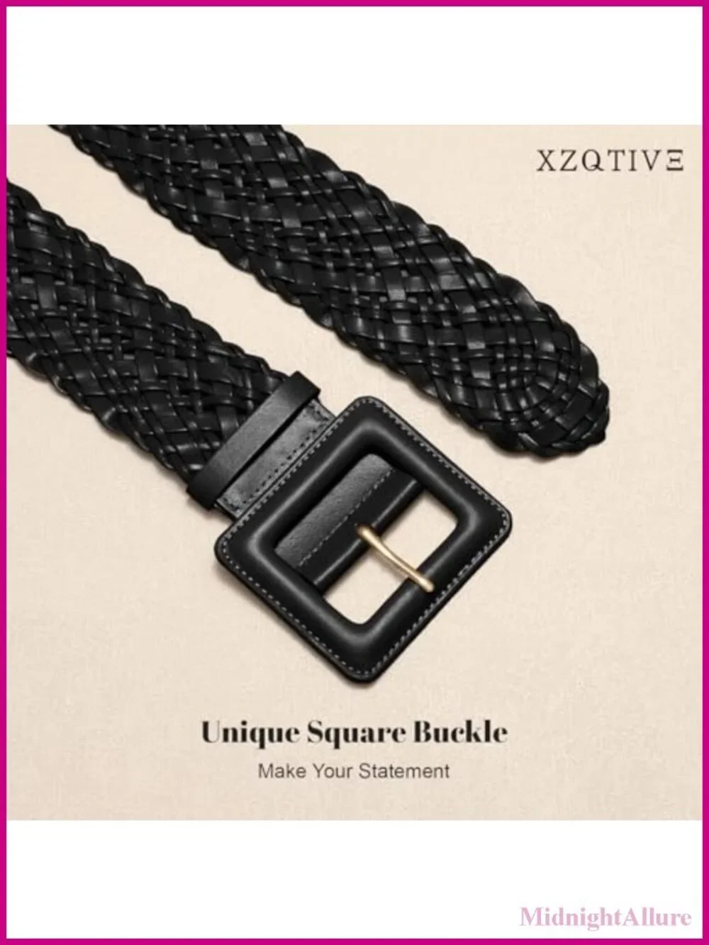 Wide Braided Leather Belt with Square Buckle, Adjustable Fit for Dresses